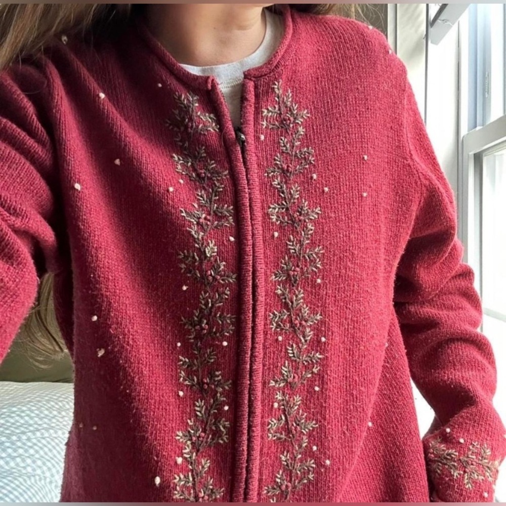 Croft & Barrow Christmas Holly Berry Embroidered Zip Up Cardigan Silk Small